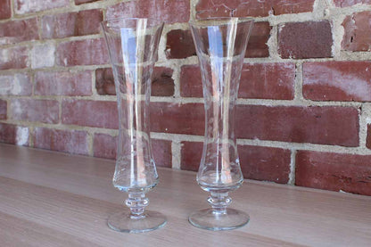 Clear Glass Pedestal Vases with Etched Flowers and Leaves, A Pair