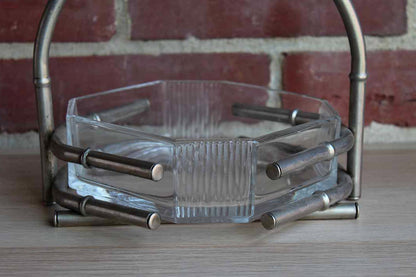 Octagonal Glass Bowl Set Within Silver Faux Bamboo Basket Frame