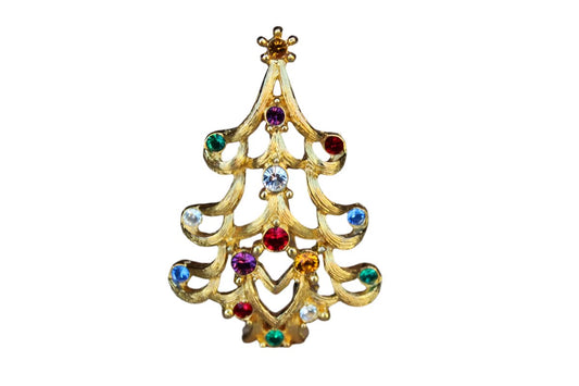 Monet (New York, USA) Gold Tone Christmas Tree Decorated with Colorful Rhinestones