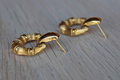 Gold Tone Faux Bamboo Pierced Drop Earrings with Smooth Gold Hinged Detail