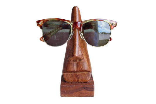 Hand Carved Wood Nose-Shaped Glasses Stand with Square Base