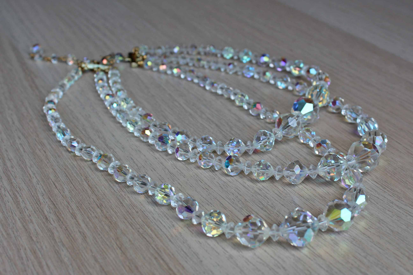 Triple Strand Aurora Borealis Faceted Glass Bead Necklace