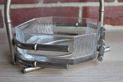 Octagonal Glass Bowl Set Within Silver Faux Bamboo Basket Frame
