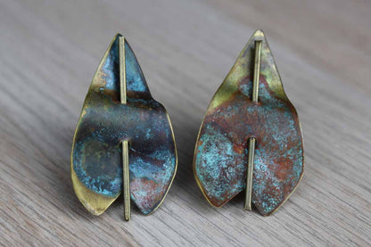 Leaf-Shaped Handmade Copper Earrings with Verdigris Patina