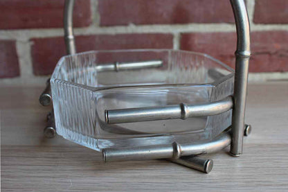 Octagonal Glass Bowl Set Within Silver Faux Bamboo Basket Frame