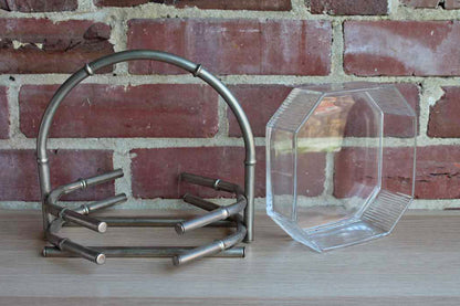 Octagonal Glass Bowl Set Within Silver Faux Bamboo Basket Frame