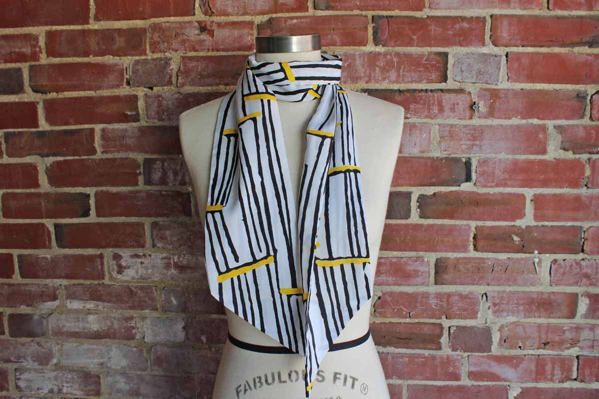 Long Polyester Scarf Decorated with Black and Yellow Abstract Striped Design