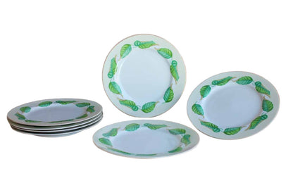 Dessert or Salad Plates with Green and Blue Painted Leaves, Set of 7