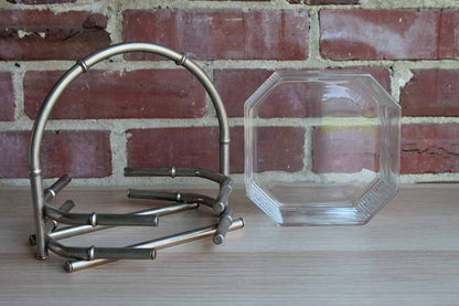 Octagonal Glass Bowl Set Within Silver Faux Bamboo Basket Frame