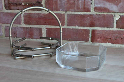Octagonal Glass Bowl Set Within Silver Faux Bamboo Basket Frame