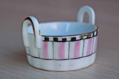 Noritake (Japan) Small Hand Painted Handled Trinket Bowl with Pink, Black and Gold Detailing