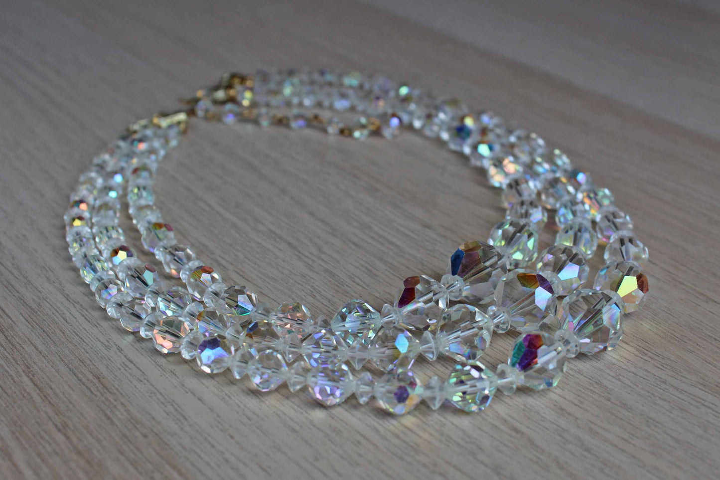 Triple Strand Aurora Borealis Faceted Glass Bead Necklace