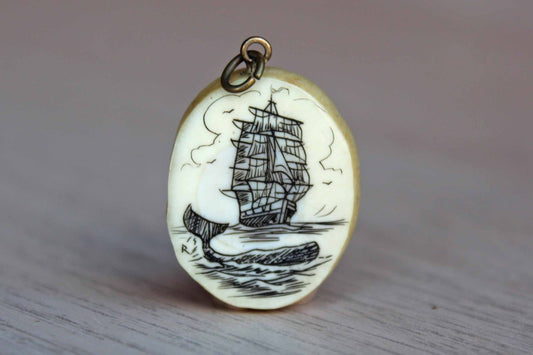 Little Oval Scrimshaw Charm of a Whale and Boat