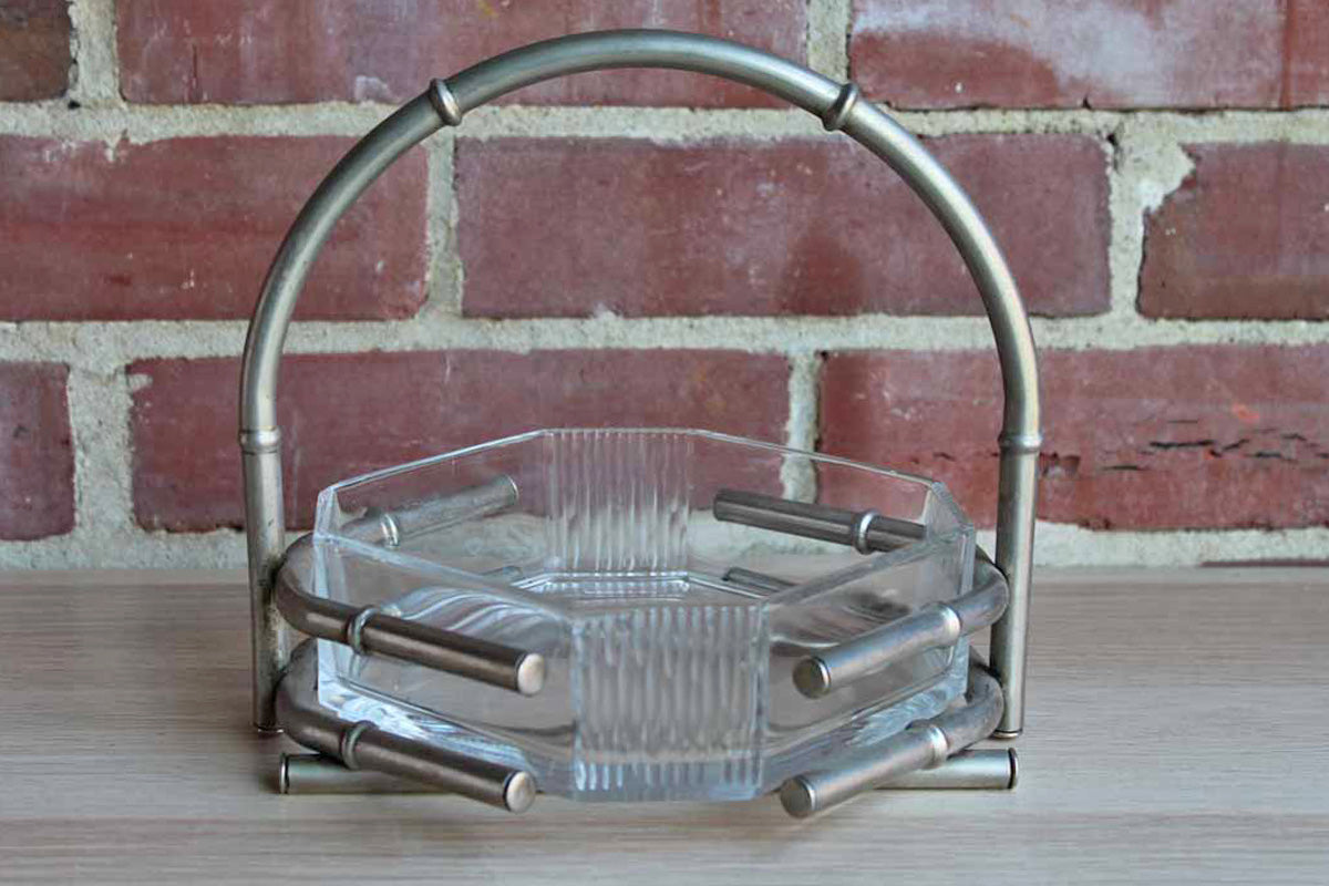 Octagonal Glass Bowl Set Within Silver Faux Bamboo Basket Frame