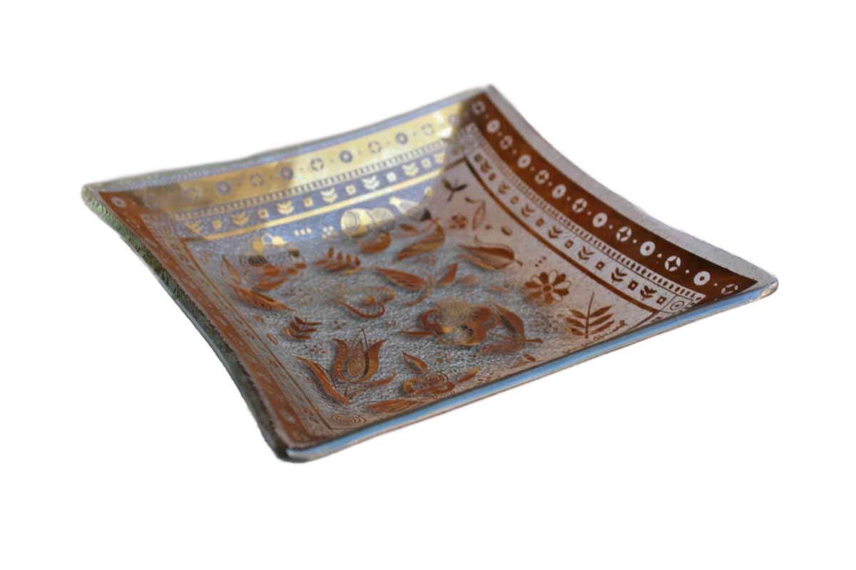 Georges Briard (USA) Gold Flower-Decorated Glass Tray