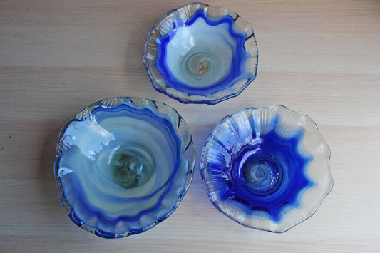 Blue and White Art Glass Bowls, Set of 3