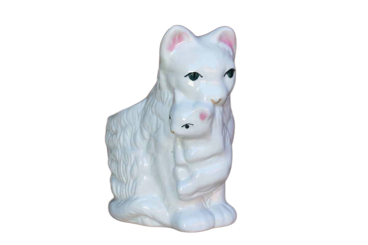 Glossy White Porcelain Planter of a Mother Cat Holding Kitten with Her Mouth