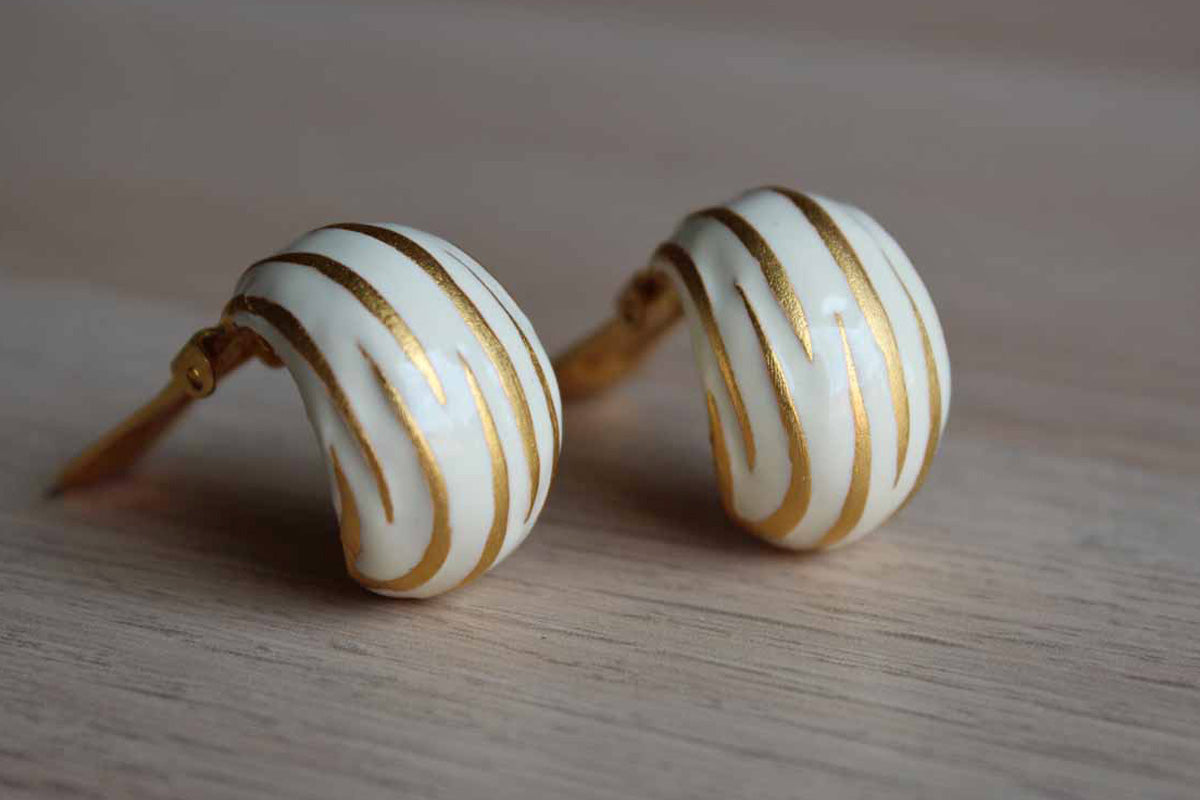 White Enameled Non-Pierced Earrings with Gold Painted Stripe Detailing