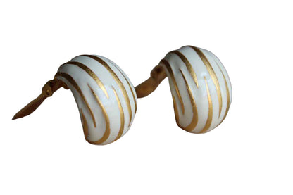 White Enameled Non-Pierced Earrings with Gold Painted Stripe Detailing