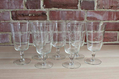Clear Iced Tea or Water Pedestal Glasses with Etched Vines and Three Impressed Dots, Set of 7