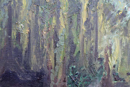 Original Oil Painting Depicting Men in a Dark Bayou with Tall Trees, Signed by C. Rosen