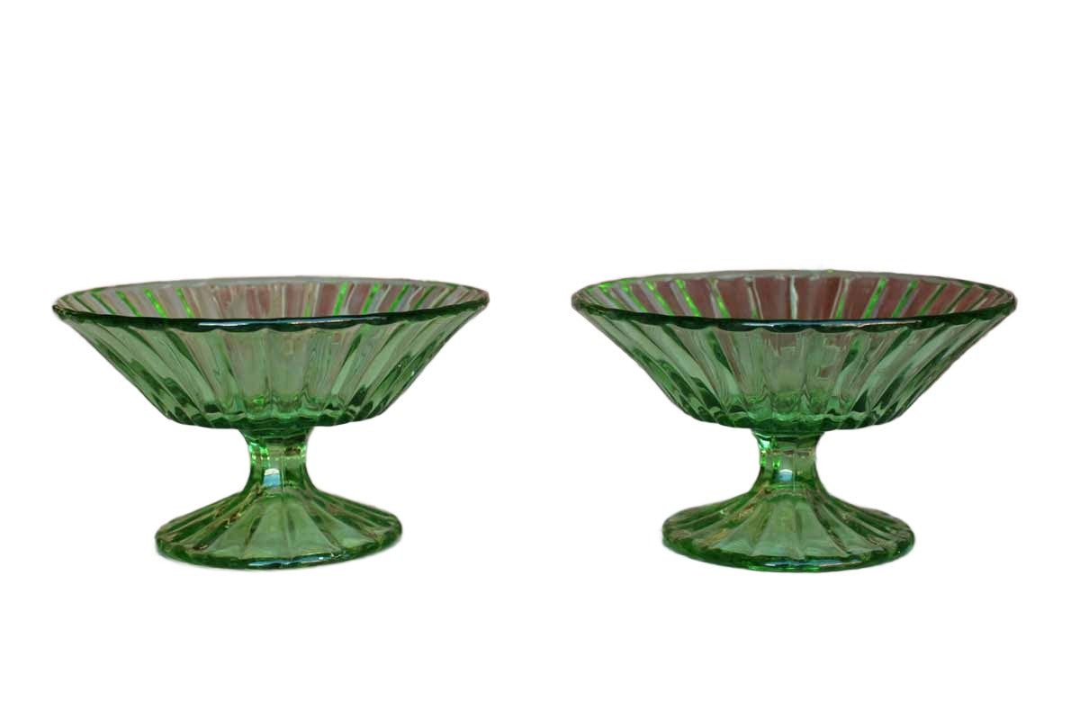 Pressed Green Glass Footed Candy or Nut Dishes, A Pair
