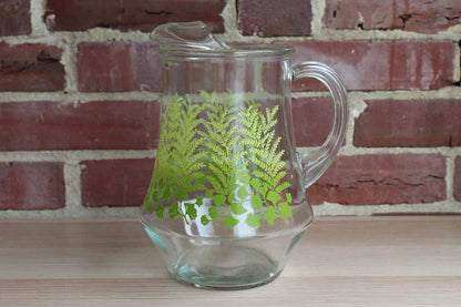 Glass Handled Drink Pitcher with Fern and Ginkgo Leaves Decoration