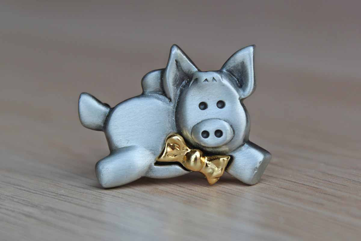 Silver Tone Flying Pig Wearing a Gold Bowtie Brooch