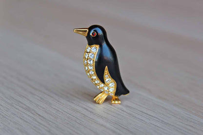 Enamel and Rhinestone Penguin Brooch