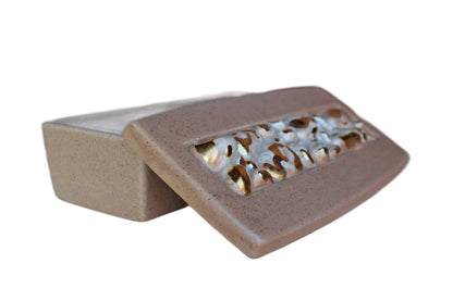 Speckled Brown Ceramic Lidded Dish with Gold Cluster Design on Lid