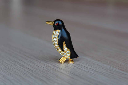 Enamel and Rhinestone Penguin Brooch
