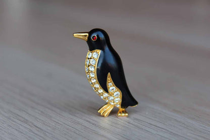 Enamel and Rhinestone Penguin Brooch