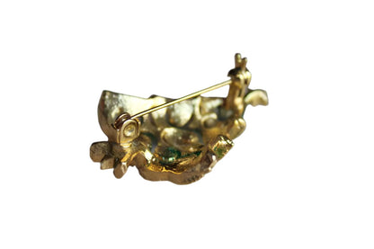 Green and Gold Christmas Tree Brooch with Silver Rhinestones