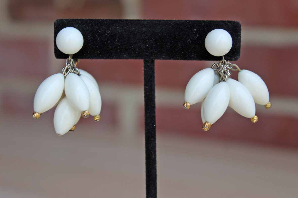 White Plastic Marquise-Shaped Beaded Non-Pierced Dangling Earrings