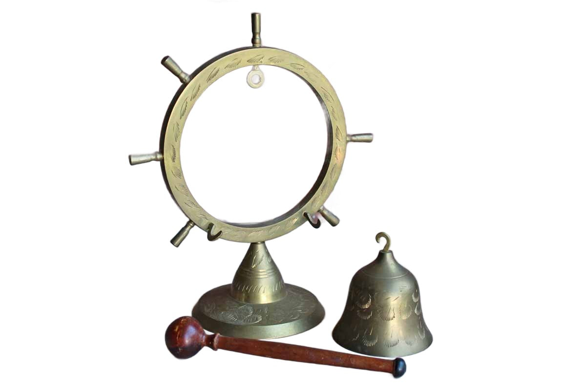 Ship's Wheel Brass Bell with Wooden Stick