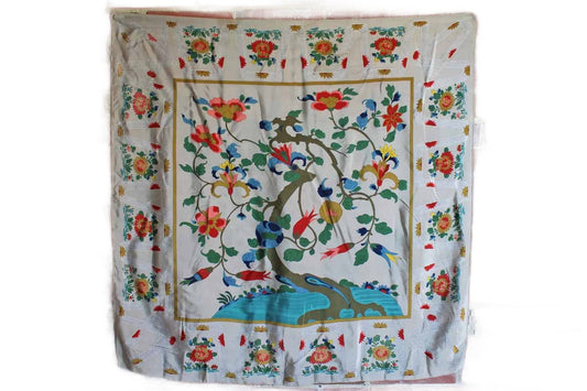 100% Silk Scarf Decorated with A Tree Producing Colorful Flowers