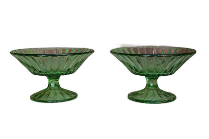 Pressed Green Glass Footed Candy or Nut Dishes, A Pair
