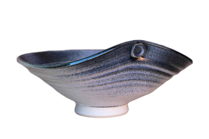 Handmade Stoneware Bowl with Indented Side and Splattered Gray and Blue Finish