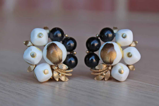 Black and White Plastic Bead Cluster Non-Pierced Earrings with Gold Leaf Accents
