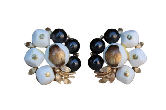 Black and White Plastic Bead Cluster Non-Pierced Earrings with Gold Leaf Accents