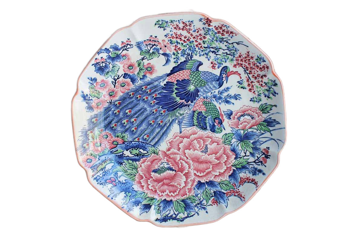 Large Round Platters Decorated with Large Peacocks and Fflowers, Set of 3