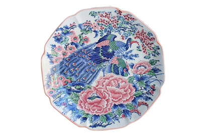 Large Round Platters Decorated with Large Peacocks and Fflowers, Set of 3