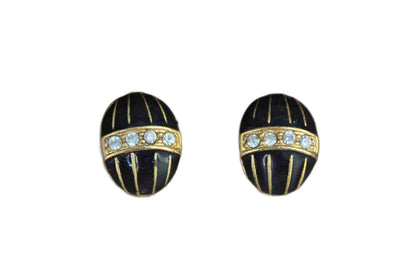 Egg-Shaped Pierced Earrings Decorated with Black Enamel and Rhinestones on a Gold Metal Base