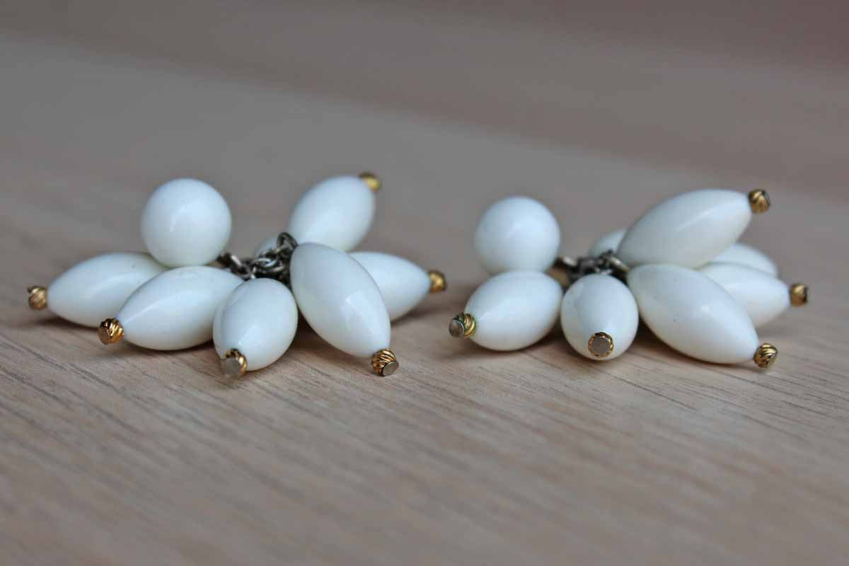 White Plastic Marquise-Shaped Beaded Non-Pierced Dangling Earrings