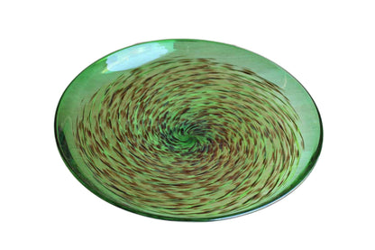 Handmade Green Art Glass Dish with Brown and Light Green Swirl Design