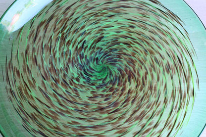 Handmade Green Art Glass Dish with Brown and Light Green Swirl Design