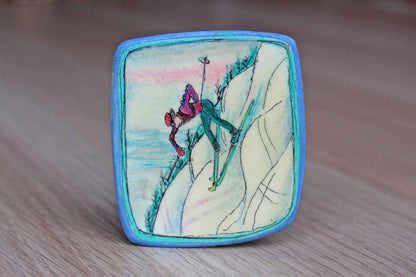 Painted Wood Pin Decorated with A Downhill Skier