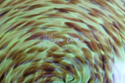 Handmade Green Art Glass Dish with Brown and Light Green Swirl Design