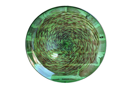 Handmade Green Art Glass Dish with Brown and Light Green Swirl Design