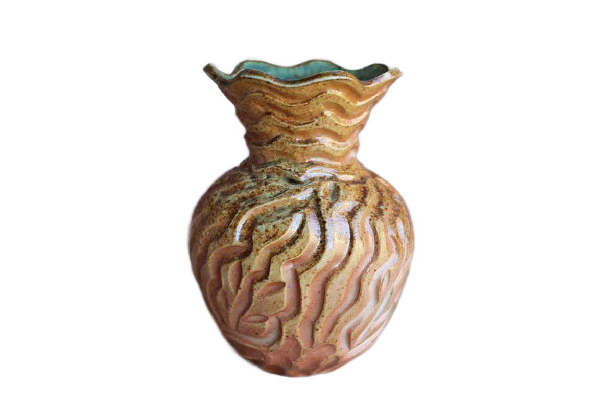 Heavy Stoneware Flower Vase with Deep Wavelike Impressions and Turquoise Interior